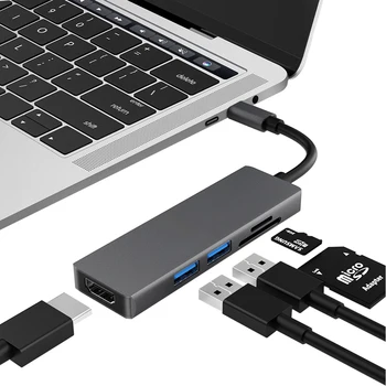 5 in 1 USB ŠAKOTUVĄ, C Tipo HDMI Adapteris Su 2 Port USB 3.0 SD/TF Nešiojamieji kompiuteriai su USB-C Išėjimo 