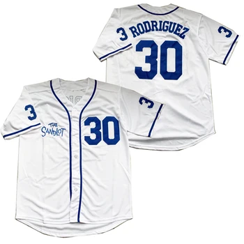 BG beisbolo megztiniai THE Sandlot 30 ROORIGUEZ jersey Lauko sportinės aprangos siuvimo, Siuvinėjimo balta mėlyna šrifto Hip-hop, Gatvės kultūra