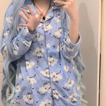 Sanrio Hello Kitty Pižama Kawaii Moterų kailis Pavasarį, Rudenį Megztinis ilgomis rankovėmis Kelnės Studentų Mėlyna Mielas Namų Paslauga Kostiumas