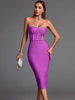 Violetinė Tvarstis Suknelė 2022 Nauji Moteriški Midi Bodycon Suknelė Elegantiškas, Seksualus Kristalų Vakarą Klubo Šalis Suknelė Aukštos Kokybės Vasarinės