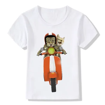 Nekilnojamojo 3D Katė Ride Motociklas Juokingas Vaikų marškinėliai Vaikams Laisvalaikio Drabužiai Berniukams, Mergaitėms, Vasaros Mados Viršūnes marškinėliai